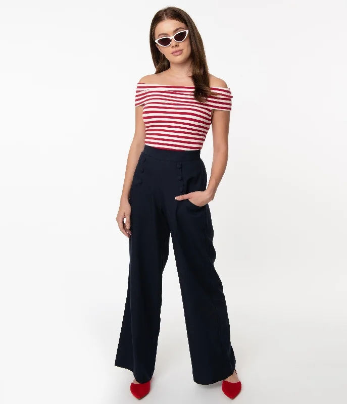 Heavy-duty ripstop pants for extreme hiking durability -Pants for business casual-Unique Vintage 1940s Navy Blue High Waist Sailor Ginger Pants