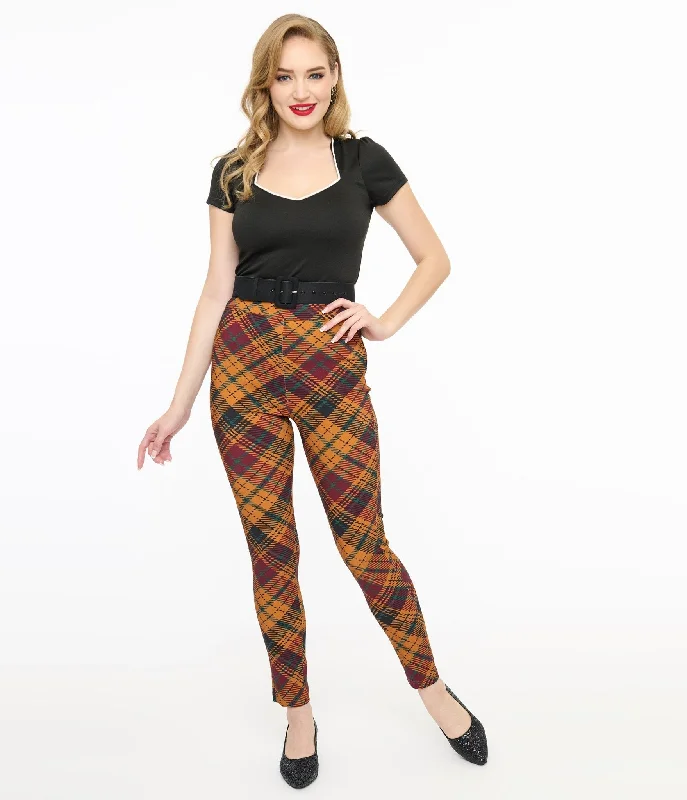 High-rise flare pants for vintage chic appeal -Pants with straight legs-Unique Vintage 1960s Mustard & Burgundy Plaid High Waist Cigarette Pants