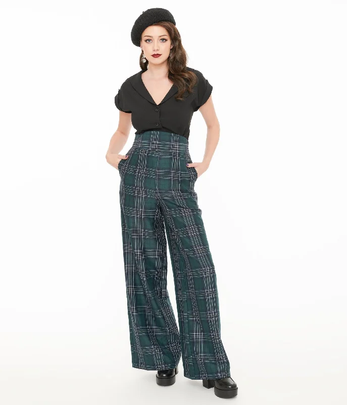 Athletic track pants for running training days -Pants with low rise-Unique Vintage 1940s Green & Black Plaid High Waist Pants