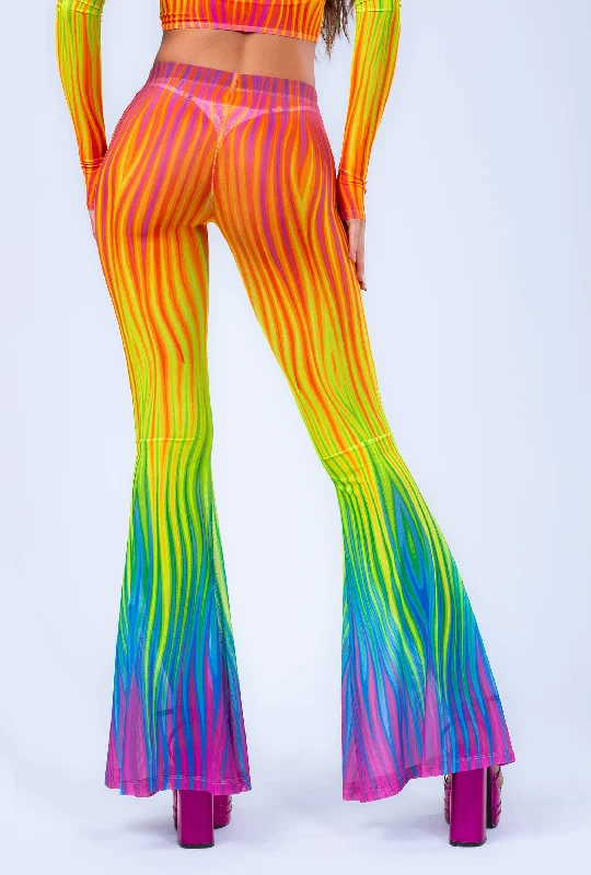 Elegant satin pants for formal dinner attire -Pants with cotton material-Neon Rainbow Flame Bell Bottom Mesh Pants