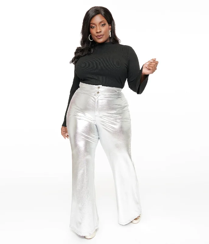 Quick-dry cargo pants for fishing trip practicality -Pants with mesh panels-Smak Parlour Plus Size 1960s Metallic Silver High Waist Flare Pants