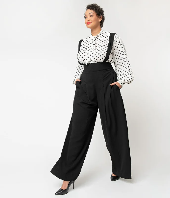 Classic khaki pants for timeless wardrobe staples -Pants for outdoor activities-Unique Vintage Plus Size Black Wide Leg Rochelle Suspender Pants