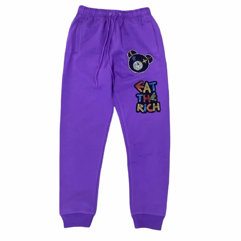 Stretch corduroy pants for cozy fall fashion -Pants with satin finish-Men's Eat The Rich Bear Sweatpants In Purple