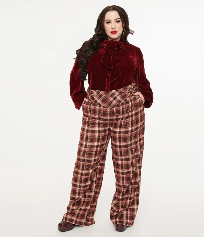 Rugged outdoor pants for mountain climbing strength -Pants with silk material-Unique Vintage Plus Size Burgundy Plaid Double Belt Woven Pants