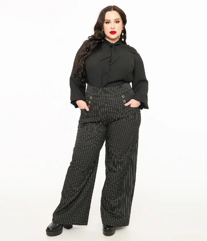 Soft cotton pants for sensitive skin comfort -Pants with mid rise-Unique Vintage Plus Size 1940s Black & White Pin Stripe High Waist Sailor Ginger Pants