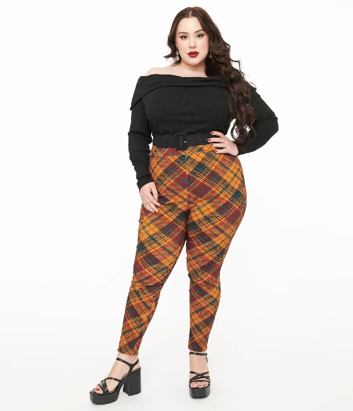 Relaxed chino pants for casual Friday offices -Pants with embroidery-Unique Vintage Plus Size 1960s Mustard & Burgundy Plaid High Waist Cigarette Pants