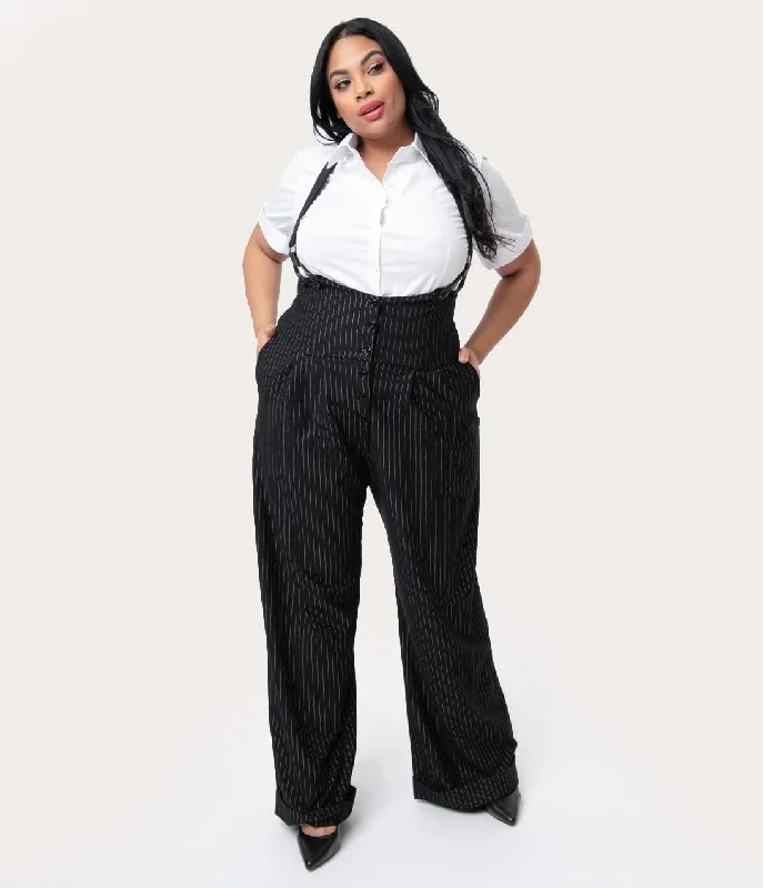 Rugged work pants for construction job durability -Pants for parties-Unique Vintage Plus Size 1930s Black & White Pin Stripe Thelma Suspender Pants