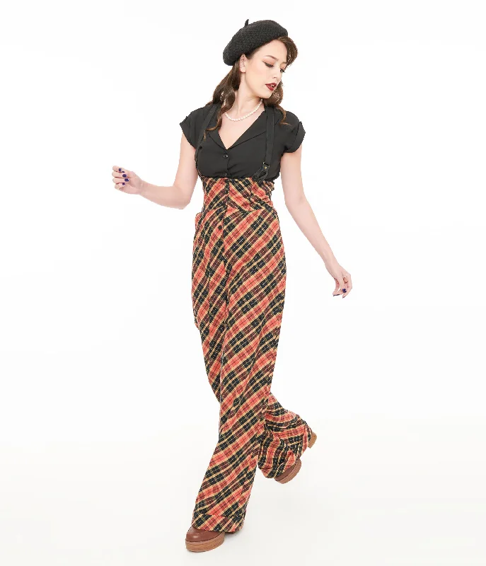 Lightweight linen pants for beach vacation style -Pants with stretch fabric-Unique Vintage 1930s Black & Rust Plaid Thelma Suspender Pants