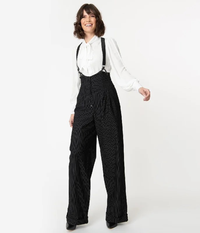 Elegant palazzo pants for formal party outfits -Pants for weddings-Unique Vintage 1930s Black & White Pin Stripe Thelma Suspender Pants