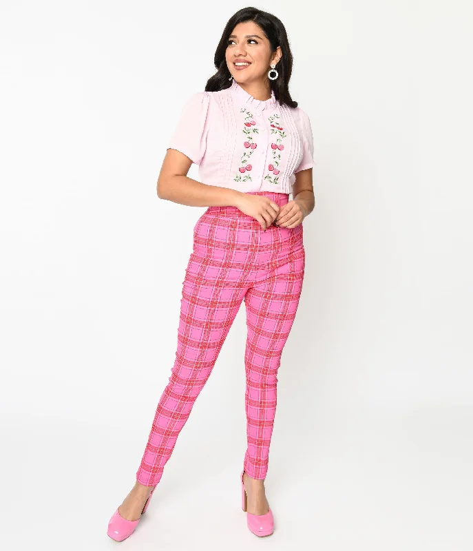 Relaxed fit pants for laid-back comfort wear -Pants for toddlers-Unique Vintage Pink & Red Plaid High Waist Cigarette Pants