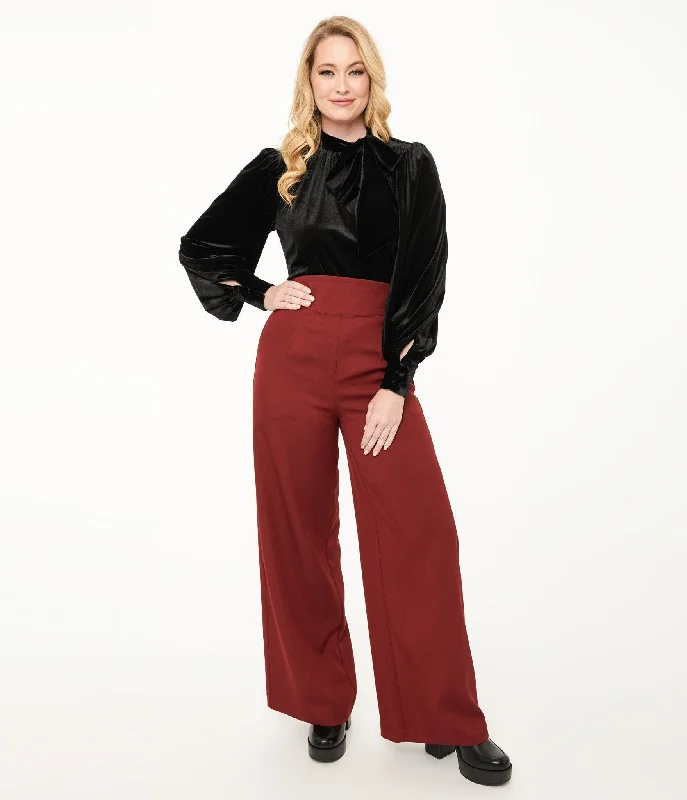 Vintage high-waisted pants for nostalgic wardrobe charm -Pants with camouflage print-Unique Vintage 1940s Merlot High Waist Pants