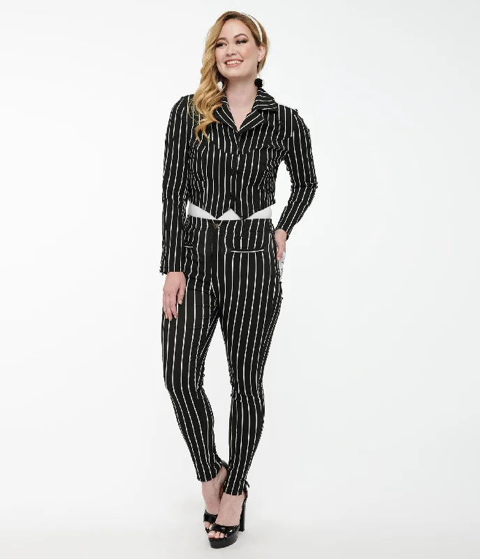 Weather-resistant pants for unpredictable climate needs -Pants with thermal lining-Tim Burton’s The Nightmare Before Christmas by Unique Vintage Black & White Stripe Jack Skellington Stretch Pants