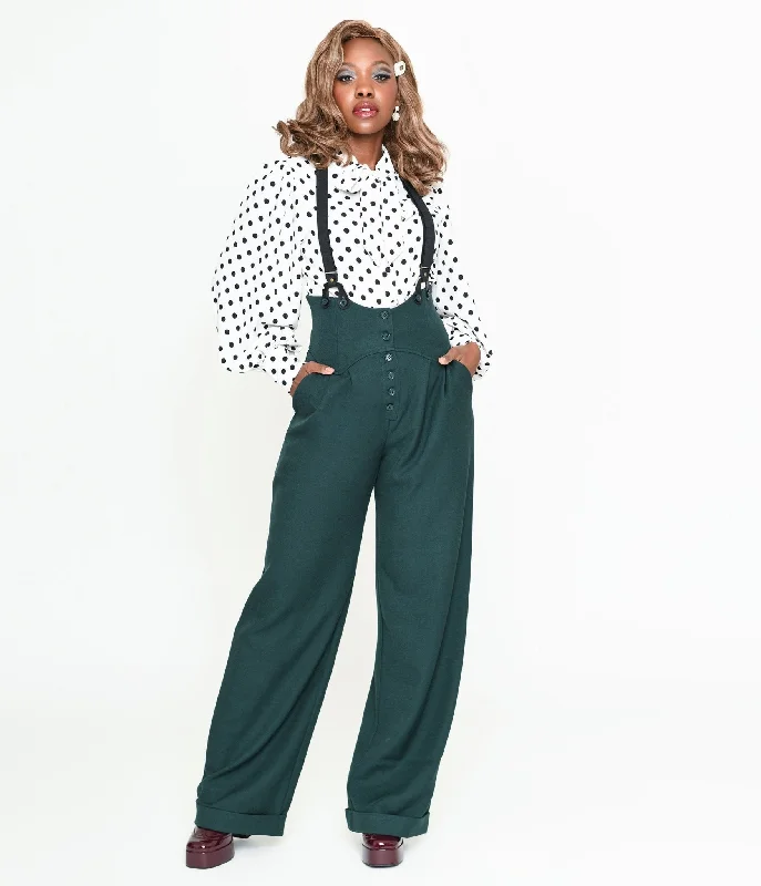 Flowy culottes pants for breezy summer style -Pants for tall men-Unique Vintage Dark Emerald Thelma Suspender Pants