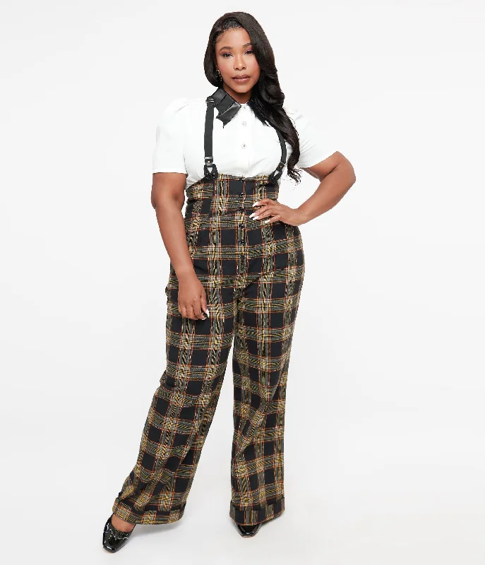 Casual drawstring pants for effortless home relaxation -Pants with bootcut design-Unique Vintage Plus Size 1930s Black & Orange Plaid Thelma Suspender Pants