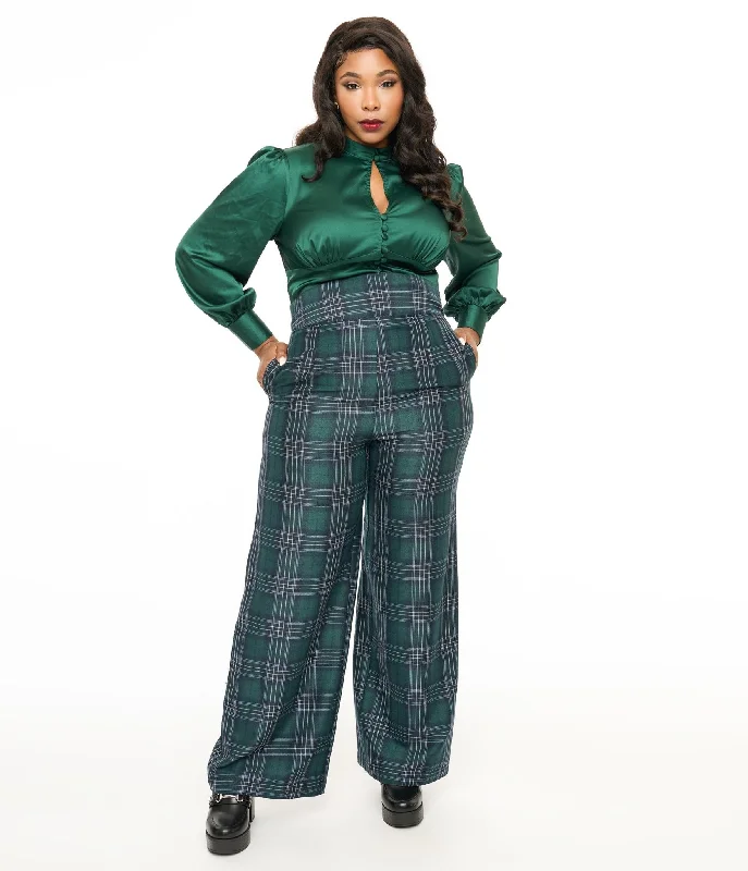 Stretch twill pants for flexible office comfort -Pants with UV protection-Unique Vintage Plus Size 1940s Green & Black Plaid High Waist Pants