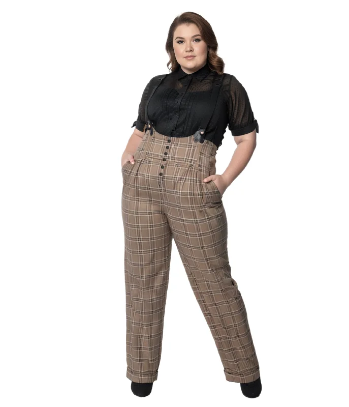 Multi-pocket pants for organized travel convenience -Pants with high waist-Unique Vintage Plus Size 1930s Dark Beige Windowpane Thelma Suspender Pants