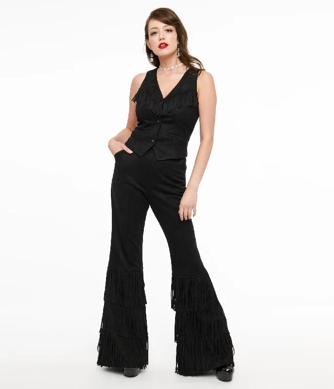 Stylish leather pants for edgy night looks -Pants with belt loops-Smak Parlour 1970s Black Suede Tassel Flare Pants