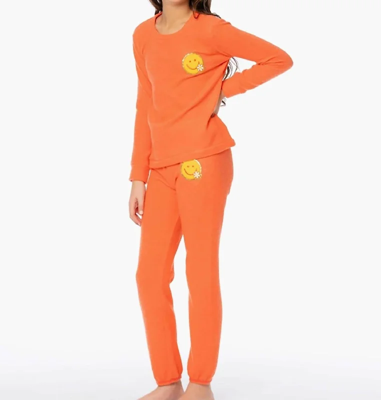 Soft velvet pants for cozy holiday outfits -Pants with button fly-Girls Checkered Smiley Supersoft Sweatpants In Orange