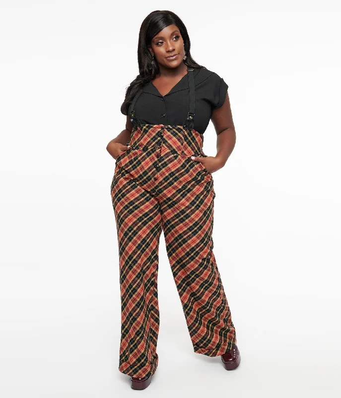 Warm flannel pants for chilly morning lounging -Pants with leather patches-Unique Vintage Plus Size 1930s Black & Rust Plaid Thelma Suspender Pants