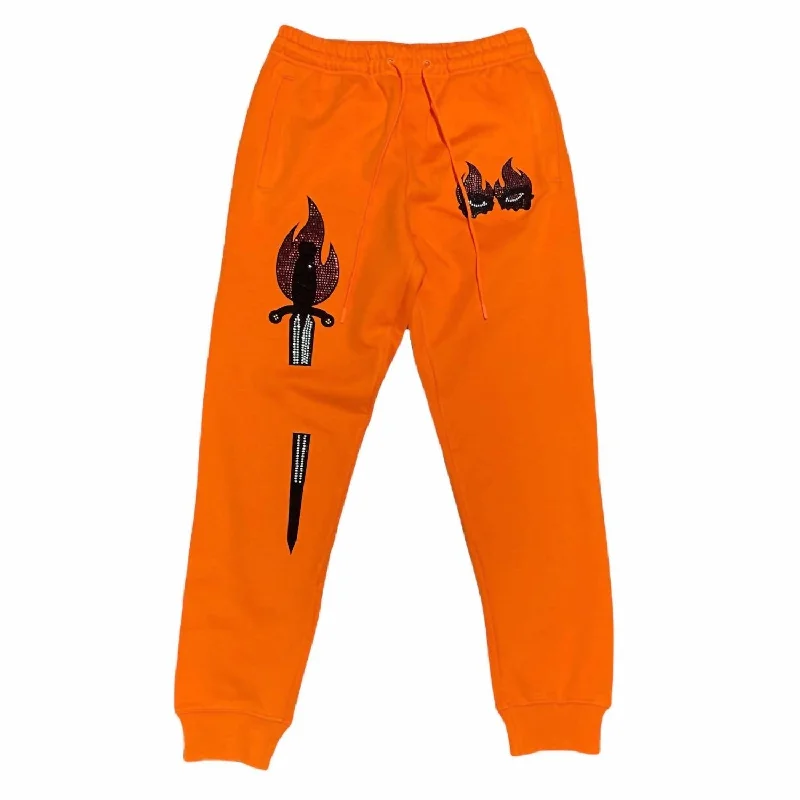 Rugged outdoor pants for mountain climbing strength -Pants with silk material-Men's Double Eye Sword Rhinestone Sweatpants In Orange