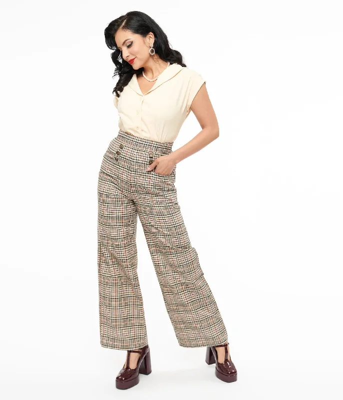 Designer skinny pants for luxury fashion flair -Pants for teenagers-Unique Vintage 1940s Beige Plaid High Waist Sailor Ginger Pants