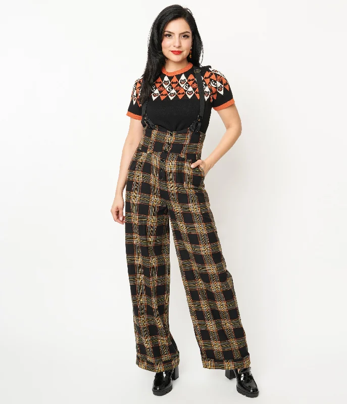 Lightweight cargo pants for summer camping trips -Pants with drawstring-Unique Vintage 1930s Black & Orange Plaid Thelma Suspender Pants