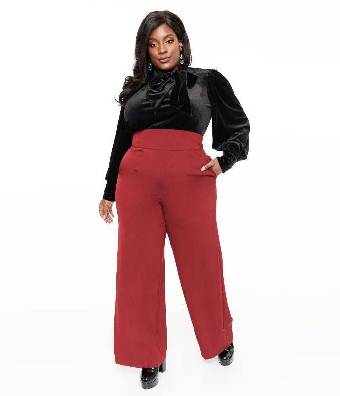 Casual khaki pants for weekend errand runs -Pants for fishing-Unique Vintage Plus Size 1940s Merlot High Waist Pants