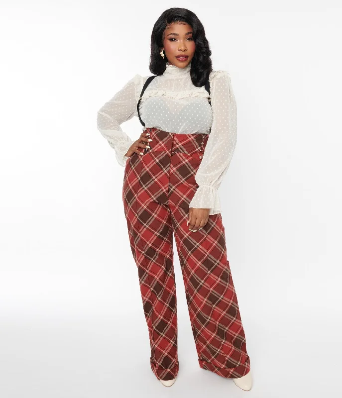 Eco-friendly hemp pants for sustainable clothing choices -Pants with zippers-Unique Vintage 1940s Red & Brown Plaid Wide Leg Suspender Pants