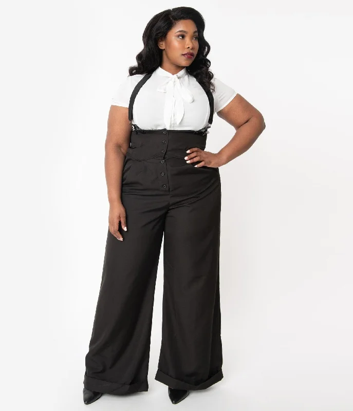 Pleated trousers pants for sophisticated gentleman charm -Pants for plus size-Unique Vintage Plus Size 1930s Black Thelma Suspender Pants