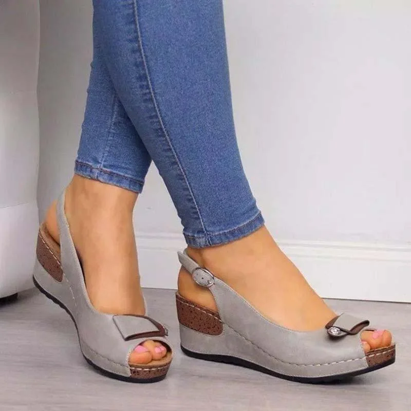 Stylish sandals for women with platform soles and trendy ankle straps-Sandals for plantar fasciitis-Buckle Peep Toe Wedge Sandals