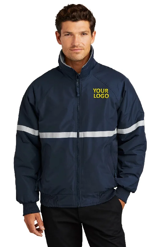 Peacoat Jackets for Nautical -Jackets with fur lining-Port Authority Challenger Custom Jackets with Reflective Taping, True Navy/ Grey Heather/ Reflective