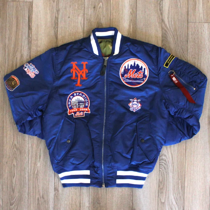 Blue Jackets for Classic -Jackets for music festivals-New Era Cap X Alpha Industries Collab MA-1M NEW YORK METS Nylon Bomber Jacket (Black Camo)