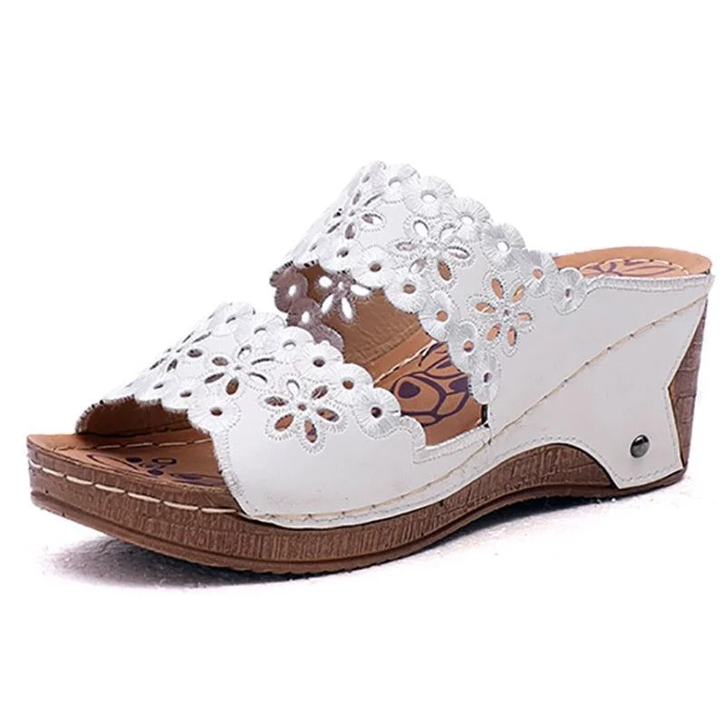 Stylish sandals for women with metallic leather straps and cushioned footbed-Sandals for spa-Summer Slip-on Leather Wedge Sandals