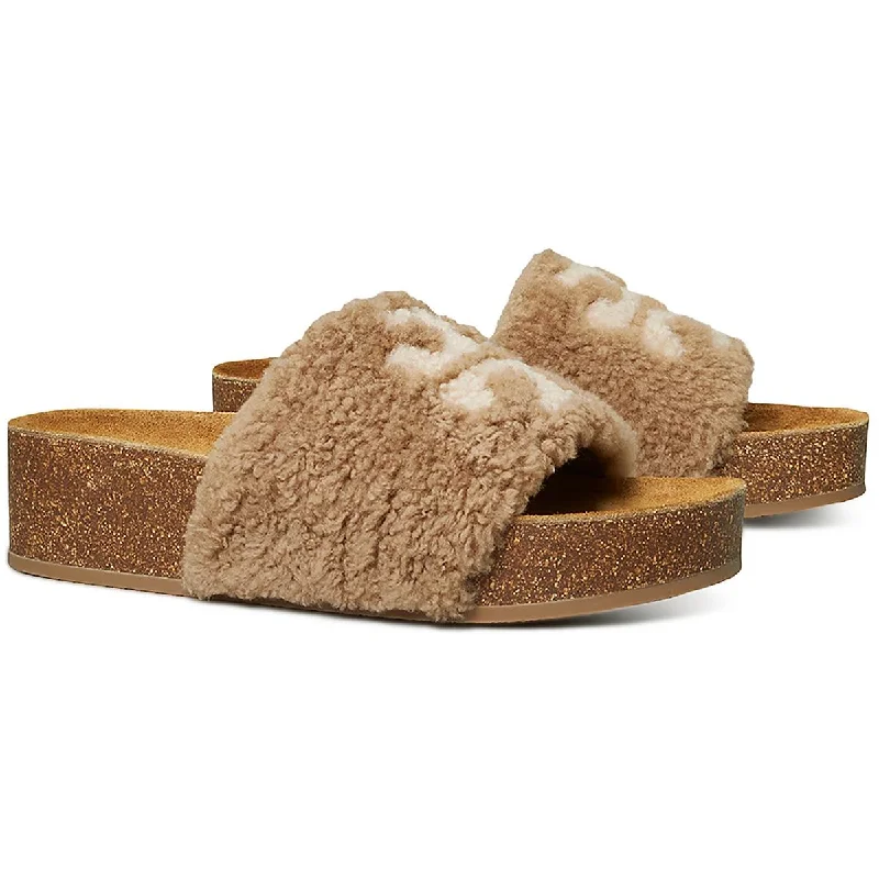 Trendy sandals for men with suede straps and minimalistic design for everyday wear-Sandals with gladiator design-Tory Burch Womens Double T Shearling Peep-Toe Slide Sandals