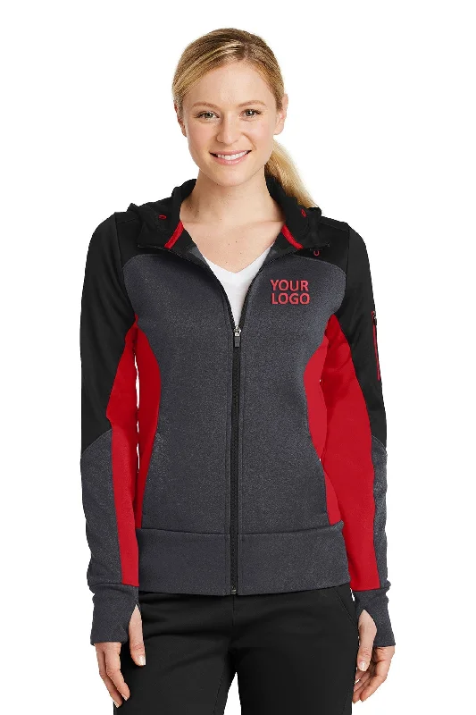 Travel Jackets for On-the-go -Jackets with multiple pockets-Sport-Tek Ladies Tech Fleece Colorblock Branded Full-Zip Hooded Jackets, Black/ Graphite Heather/ True Red