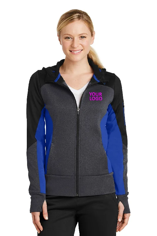 Workout Jackets for Fitness -Jackets with hidden pockets-Sport-Tek Ladies Tech Fleece Colorblock Customized Full-Zip Hooded Jackets, Black/ Graphite Heather/ True Royal