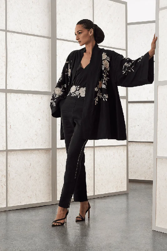 Embroidered Jackets for Detail -Jackets for tropical weather-Couture Luxe Linen Embroidered Kimono Jacket