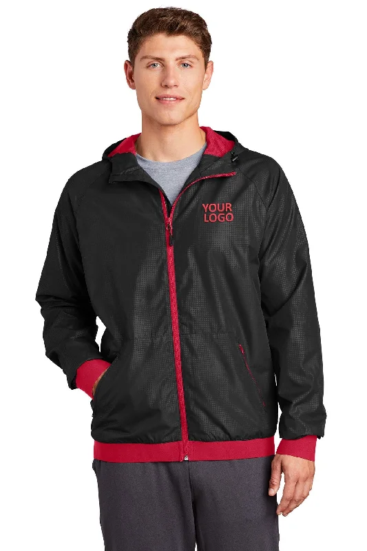 Hooded Jackets for Added Coverage -Jackets for snow-Sport-Tek Embossed Hooded Custom Wind Jackets, Black/ True Red