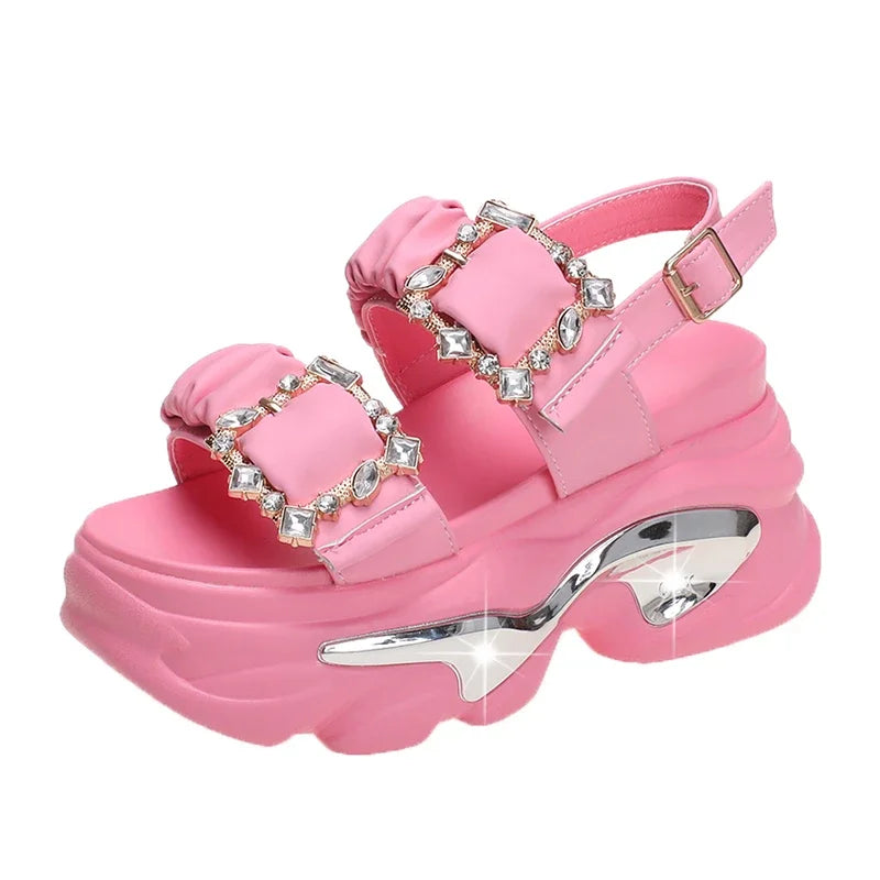 Stylish sandals for men with leather straps and durable rubber soles-Sandals with wedge heels-Bling Rhinestones Double Buckle Platform Sandals