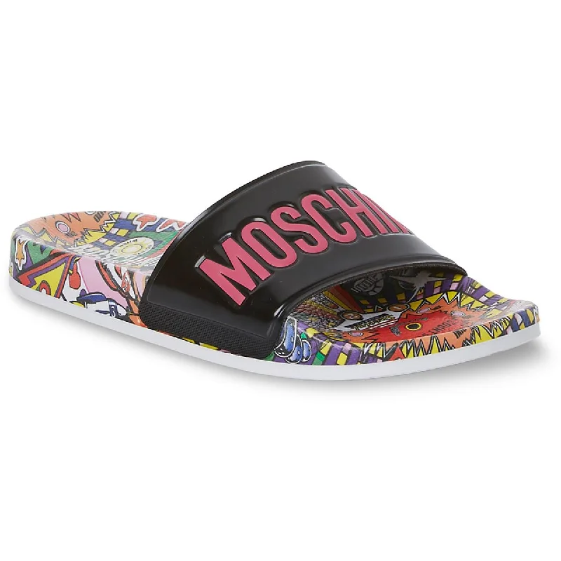 Elegant sandals for evening events with satin finish and embellished details-Sandals for date nights-Moschino Womens Printed Flat Slide Sandals