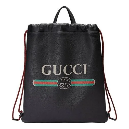 Anti-theft backpack with hidden zipper security -Gucci Print Retro Logo Printing Leather Drawstring Schoolbag Backpack Unisex Black 494053-0GCBT-8163