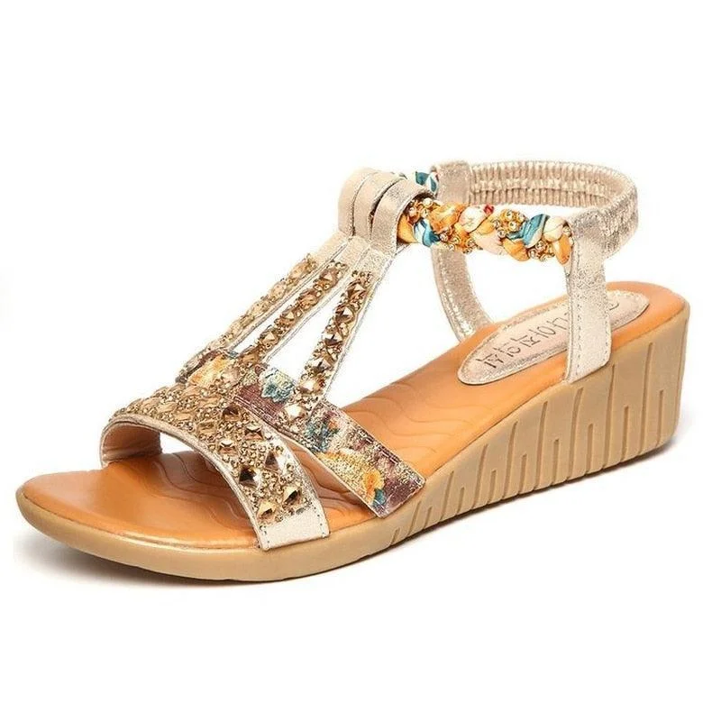 Casual sandals for women with bohemian-style straps and flat sole for comfort-Sandals with pastel colors-Rhinestone Strap Wedge Sandals