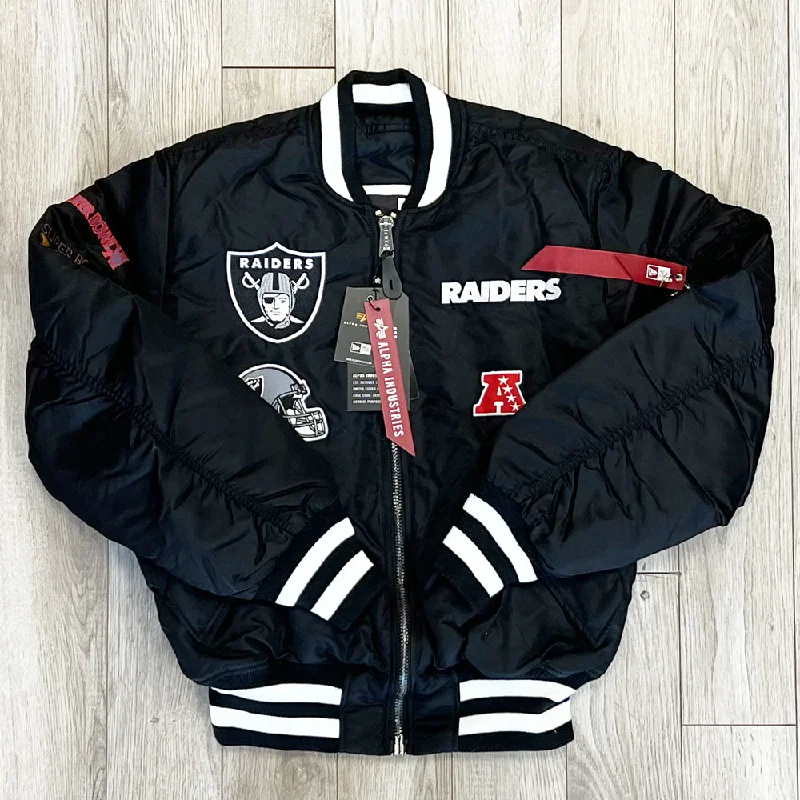 Geometric Jackets for Modern -Jackets for urban fashion-Oakland Raiders New Era Cap X Alpha Industries EXCLUSIVE Bomber Jacket (Black on Black)