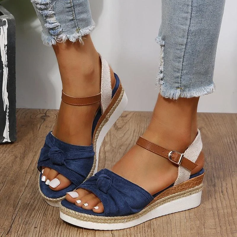 Casual sandals for women with flat soles and classic leather straps for style-Sandals with cork footbed-Casual Knot Wedges Sandals