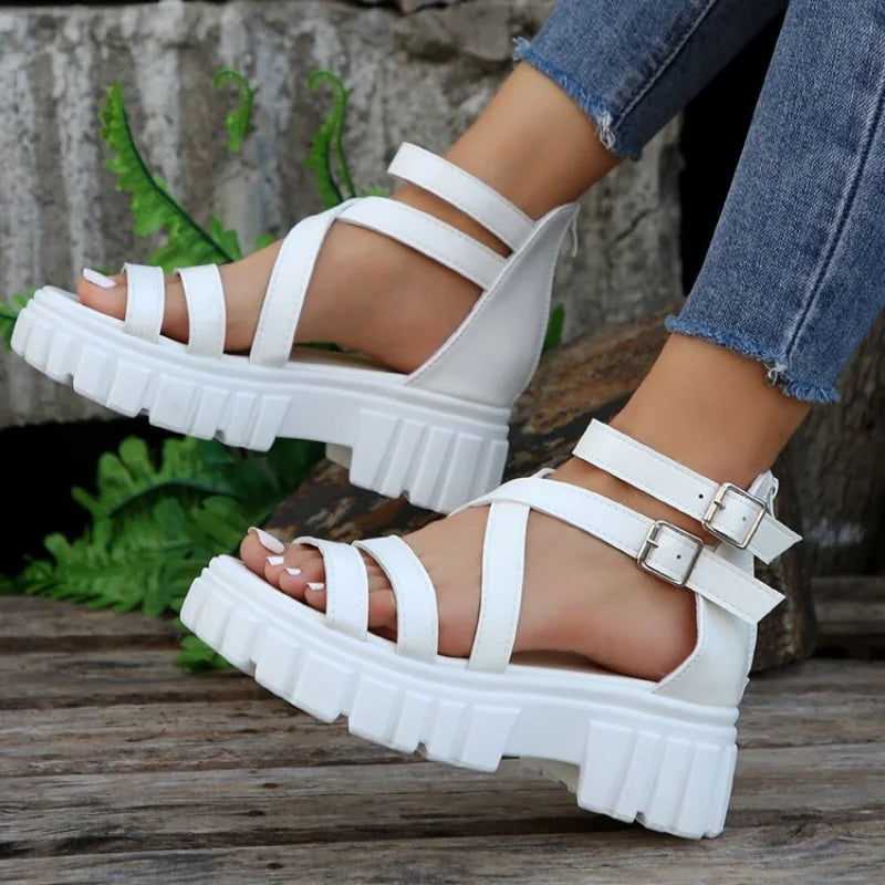 Elegant sandals for women with metallic straps and open-toe design for parties-Sandals for poolside-Buckle Cross Strap Chunky Platform Sandals