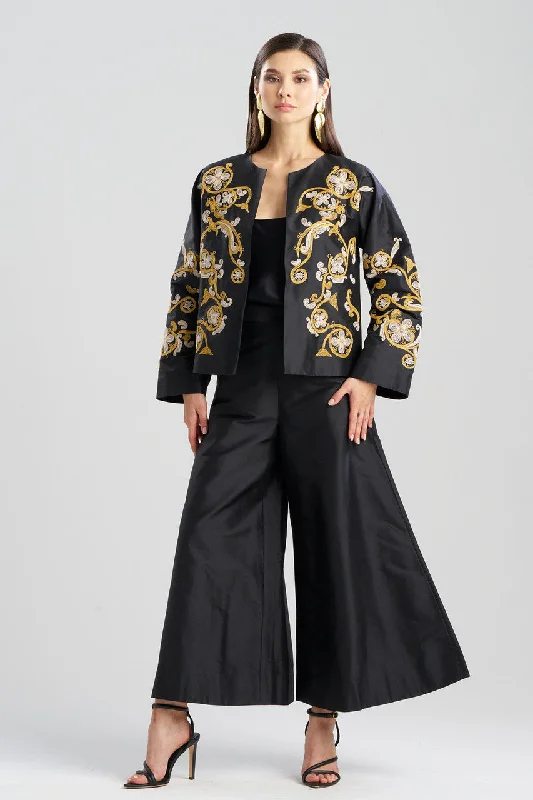 Designer Jackets for Luxury -Jackets with aviator design-Silk Dupioni Embroidered Crop Jacket