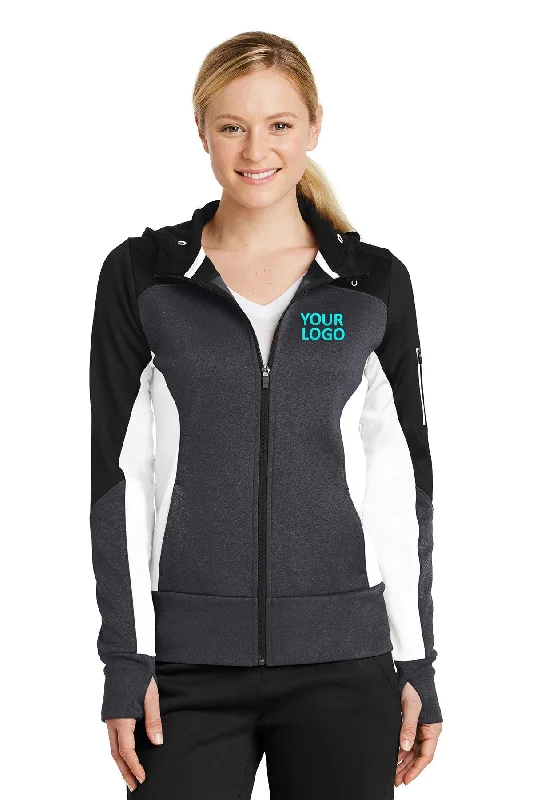 Yoga Jackets for Relaxation -Jackets with pockets-Sport-Tek Ladies Tech Fleece Colorblock Customized Full-Zip Hooded Jackets, Black/ Graphite Heather/ White