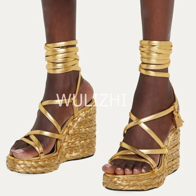 Comfortable sandals for women with padded straps and soft footbed for long wear-Sandals for budget shoppers-Open Toe Long Strap Wedge Sandals