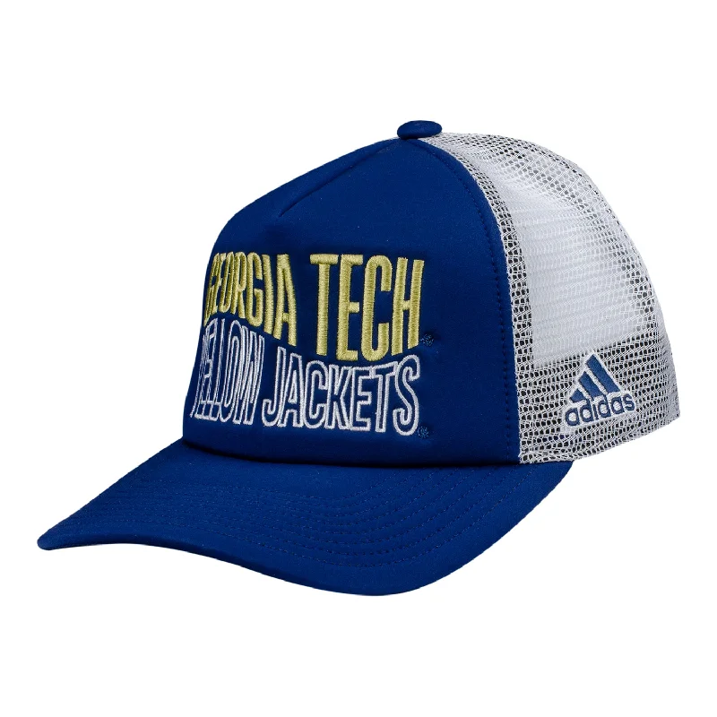 Checkered Jackets for Trendy -Jackets for sports-Georgia Tech Yellow Jackets Adidas Swirl Foam Trucker Navy Adjustable Hat