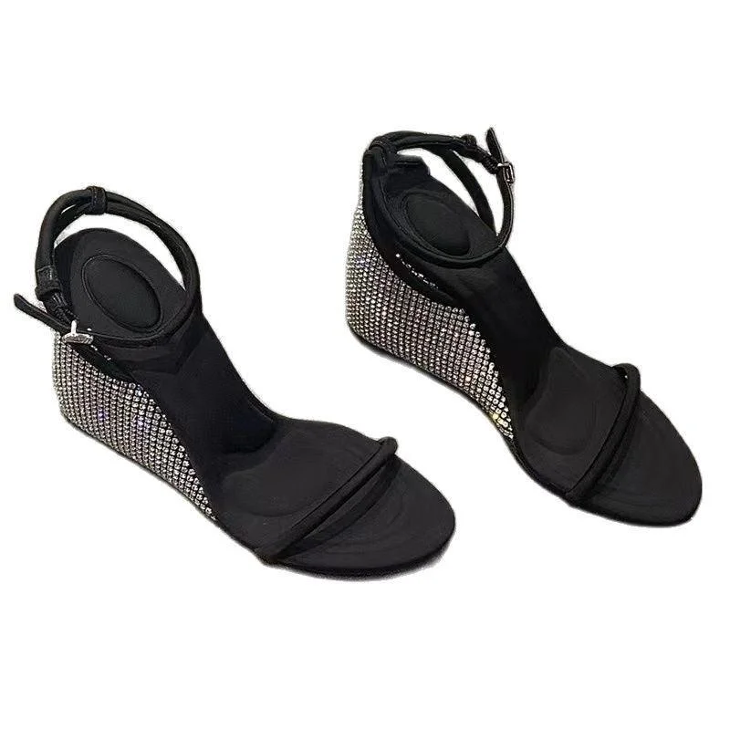 Casual sandals for women with buckle details and comfortable footbed for support-Sandals for poolside-Strap Wedge Sandals - Rhinestones